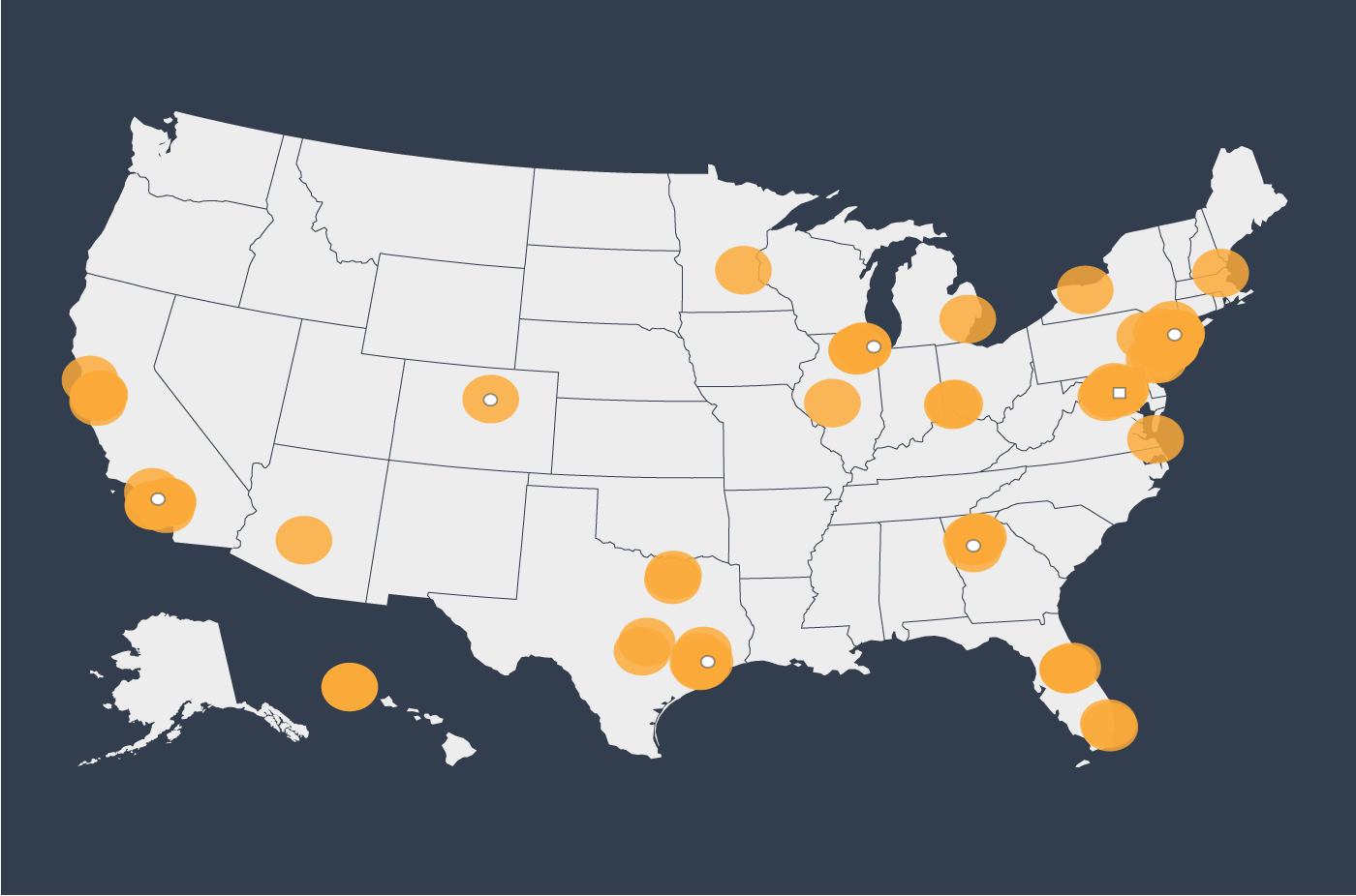 Map of the United States showing Hindu nationalist organization locations as dots. Texas, New Jersey, California and New York have the highest concentrations.